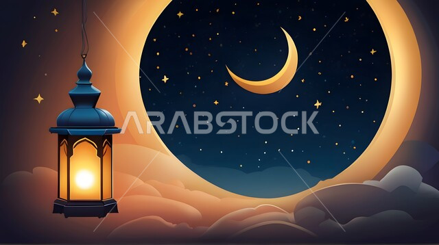 تحف وديكورات اسلامية تقليدية للاحتفال بقدوم شهر الخير، أجواء رمضانية وروحانية إسلامية، فوانيس عربية معدنية مزخرفة مضيئة معلقة في السماء المضاءة بالنجوم، الاعياد والمناسبات الدينية
