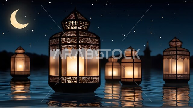 ديكورات وتحف اسلامية تقليدية للاحتفال بقدوم شهر الخير، أجواء رمضانية وروحانية إسلامية، الفوانيس العربية المعدنية المزخرفة المضيئة العائمة تنعكس على سطح الماء، الاعياد والمناسبات الدينية