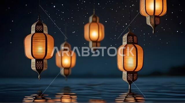 ديكورات وتحف اسلامية تقليدية للاحتفال بقدوم شهر الخير، أجواء رمضانية وروحانية إسلامية، الفوانيس العربية المعدنية المزخرفة المضيئة العائمة تنعكس على سطح الماء، الاعياد والمناسبات الدينية