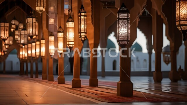 الاعياد والمناسبات الدينية، تحف وديكورات اسلامية تقليدية للاحتفال بقدوم شهر الخير، أجواء رمضانية وروحانية إسلامية، فناء المسجد المزين بالفوانيس العربية المعدنية المزخرفة المضيئة، الفن الهندسي المعماري على الطراز الإسلامي