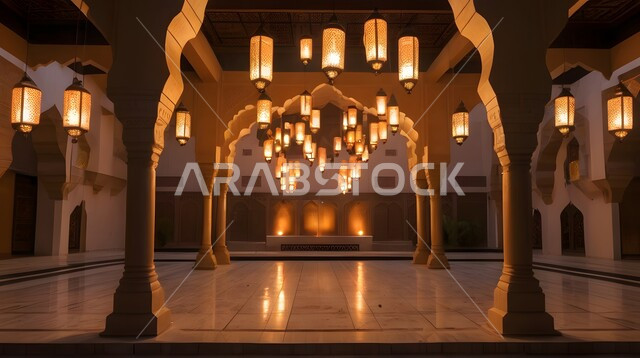الاعياد والمناسبات الدينية، تحف وديكورات اسلامية تقليدية للاحتفال بقدوم شهر الخير، أجواء رمضانية وروحانية إسلامية، فناء المسجد المزين بالفوانيس العربية المعدنية المزخرفة المضيئة، الفن الهندسي المعماري على الطراز الإسلامي