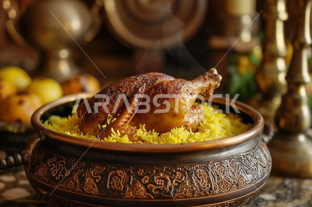  وجبات المطبخ السعودي, ارز برياني مزين بالدجاج المشوي ،طبق معدني مليئ بأرز الكبسة مع البهارات، وصفات طعام شهية صحية لذيذة، أطباق من المأكولات العربية التقليدية الشعبية