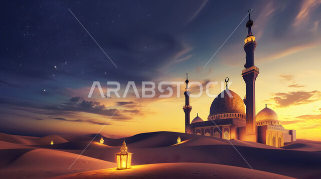 الفن الهندسي المعماري لمسجد وسط التلال والكثبان الرملية، القبب و المآذن على الطراز الإسلامي العصري الحديث، العباده والتقرب إلى الله، دعوة المسلمين إلى الصلاه وأداء الفرائض الدينية, أماكن اسلامية مقدسة، الفوانيس المضيئة في الصحراء
