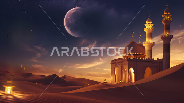 العباده والتقرب إلى الله، القبب و المآذن على الطراز الإسلامي العصري الحديث، دعوة المسلمين إلى الصلاه وأداء الفرائض الدينية, الفن الهندسي المعماري لمسجد وسط التلال والكثبان الرملية، منظر هلال القمر في السماء، الفوانيس والمصابيح المضيئة في الصحراء