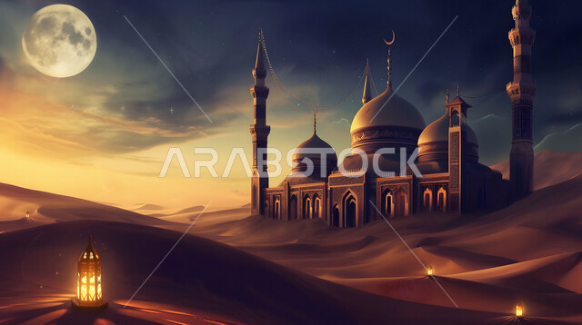 Domes and minarets in the modern Islamic style, inviting Muslims to pray and perform religious duties, the architectural art of a mosque in the middle of hills and sand dunes, worship and getting closer to God, Islamic holy places, the view of the full moon in the sky