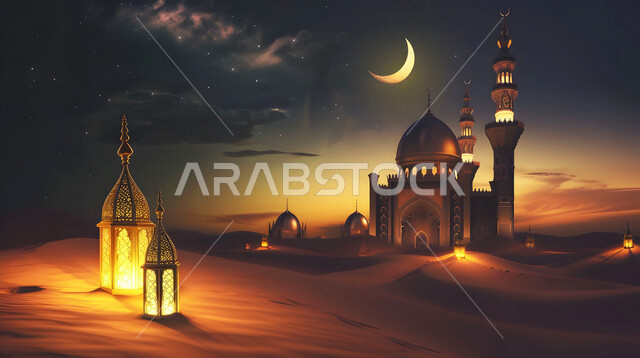 Worshiping and getting closer to God, domes and minarets in the modern Islamic style, calling Muslims to prayer and performing religious duties, the architectural art of a mosque in the middle of hills and sand dunes, Islamic holy places, a view of the crescent moon in the sky