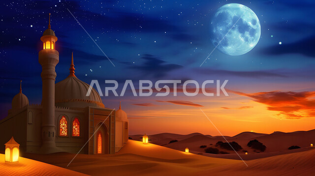 القبب و المآذن على الطراز الإسلامي العصري الحديث، دعوة المسلمين إلى الصلاه وأداء الفرائض الدينية, الفن الهندسي المعماري لمسجد وسط التلال والكثبان الرملية، العباده والتقرب إلى الله، أماكن اسلامية مقدسة، منظر القمر المكتمل في السماء