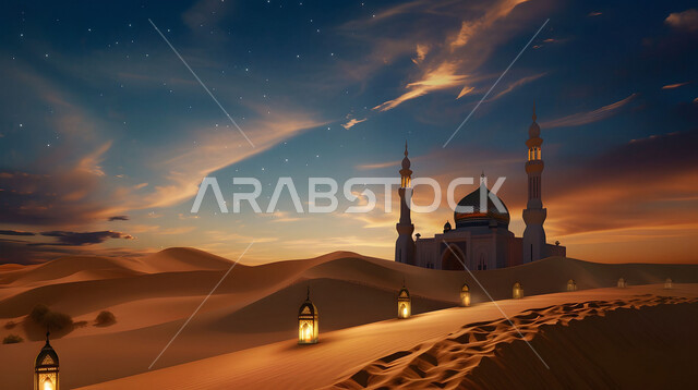 الفن الهندسي المعماري لمسجد وسط التلال والكثبان الرملية، القبب و المآذن على الطراز الإسلامي العصري الحديث، العباده والتقرب إلى الله، دعوة المسلمين إلى الصلاه وأداء الفرائض الدينية, أماكن اسلامية مقدسة، الفوانيس المضيئة في الصحراء