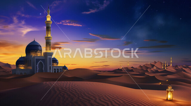 Calling Muslims to prayer and performing religious duties, the architectural art of a mosque in the middle of hills and sand dunes, domes and minarets in the modern Islamic style, worship and getting closer to God, Islamic holy places, illuminated lanterns in the desert.