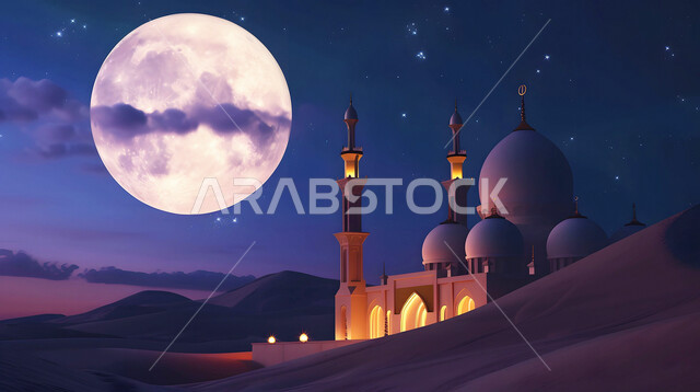 القبب و المآذن على الطراز الإسلامي العصري الحديث، دعوة المسلمين إلى الصلاه وأداء الفرائض الدينية, الفن الهندسي المعماري لمسجد وسط التلال والكثبان الرملية، العباده والتقرب إلى الله، أماكن اسلامية مقدسة، منظر القمر المكتمل في السماء