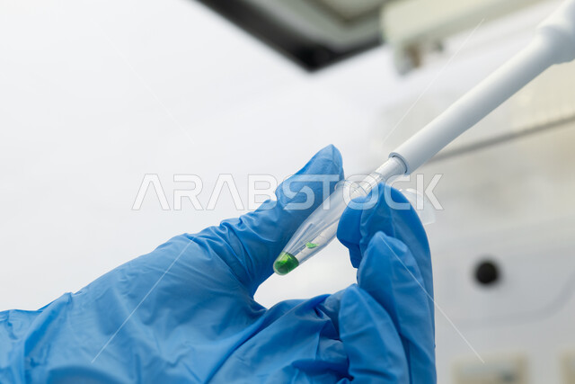 A close image of LED, a laboratory doctor who distilled the liquid from the microscopic angler to the test tube, the development and progress of the medical sector with new technology, modern medical laboratories and laboratories