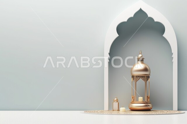 مجسمات ثلاثية الابعاد لفوانيس ذهبية مزخرفة، زينة الاعياد والمناسبات الدينية ،الاستعداد لقدوم شهر الخير،اكسسوارات و تحف شهر رمضان المبارك ،خلفية زخارف اسلاميه ثري دي