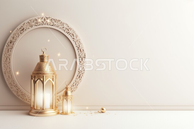 زينة الاعياد والمناسبات الدينية ،الاستعداد لقدوم شهر الخير،اكسسوارات و تحف شهر رمضان المبارك ،مجسمات ثلاثية الابعاد لفوانيس ذهبية مزخرفة، خلفية زخارف اسلاميه ثري دي