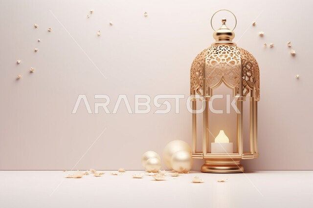 الاستعداد لقدوم شهر الخير،اكسسوارات و تحف شهر رمضان المبارك ،مجسمات ثلاثية الابعاد لفوانيس ذهبية مزخرفة، زينة الاعياد والمناسبات الدينية، خلفية زخارف اسلاميه ثري دي