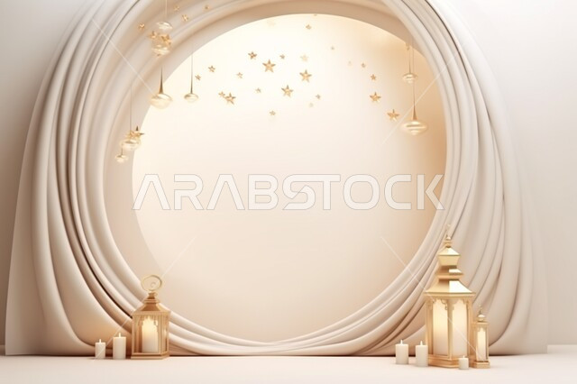 خلفية زخارف اسلاميه ثري دي ،اكسسوارات و تحف شهر رمضان المبارك ،مجسمات ثلاثية الابعاد لفوانيس بيضاء مزخرفة، زينة الاعياد والمناسبات الدينية، الاستعداد لقدوم شهر الخير