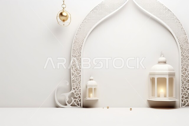 Accessories and antiques for the holy month of Ramadan, 3D models of decorated white lanterns, decorations for holidays and religious occasions, preparing for the coming of the blessed month, 3D Islamic decorations background