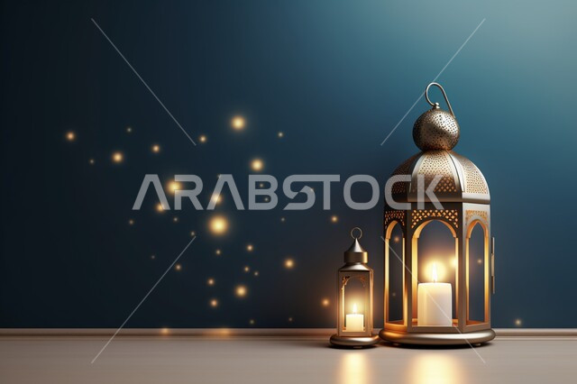 Preparing for the coming of the month of goodness, decorations for holidays and religious occasions, antiques and accessories for the holy month of Ramadan, 3D models of illuminated ornate metal lanterns, 3D Islamic decorations, blue background