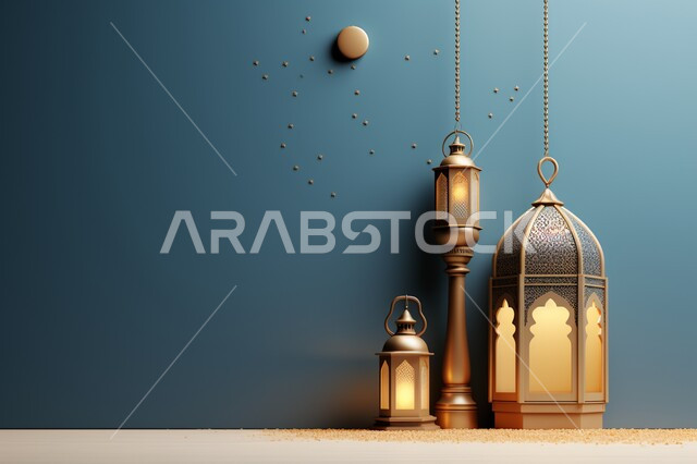 زينة الاعياد والمناسبات الدينية، تحف واكسسوارات شهر رمضان المبارك ،مجسمات ثلاثية الابعاد لفوانيس معدنية مزخرفة، الاستعداد لقدوم شهر الخير، زخارف اسلاميه ثري دي، خلفية زرقاء