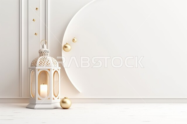 تحف واكسسوارات شهر رمضان المبارك ،مجسمات ثلاثية الابعاد لفوانيس بيضاء مزخرفة، زينة الاعياد والمناسبات الدينية، الاستعداد لقدوم شهر الخير، خلفية زخارف اسلاميه ثري دي