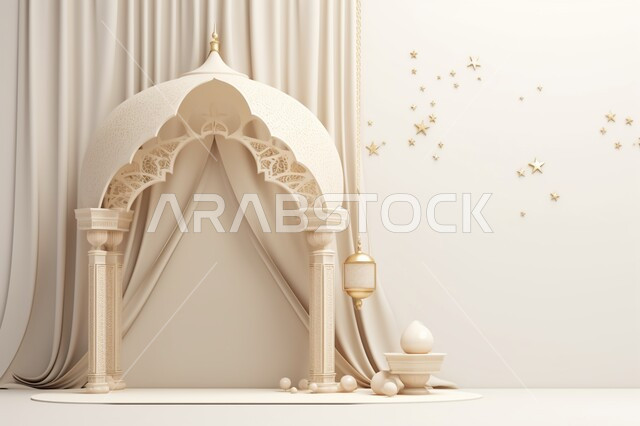 تحف واكسسوارات شهر رمضان المبارك ، مجسمات ثلاثية الابعاد لمسجد ابيض مزخرف، زينة الاعياد والمناسبات الدينية، الاستعداد لقدوم شهر الخير، خلفية زخارف اسلاميه ثري دي
