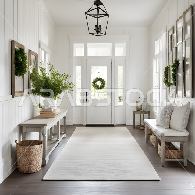 اكسسوارات و تحف عصرية مع نباتات الزينة ،فنادق ومنتجعات فاخره ،كنبة خشبية في ممرات الشقق والفلل السكنية, مدخل رئيسي داخل منزل بأثاث حديث باللون الابيض ،كوريدورات بديكورات داخلية مميزة و متطورة