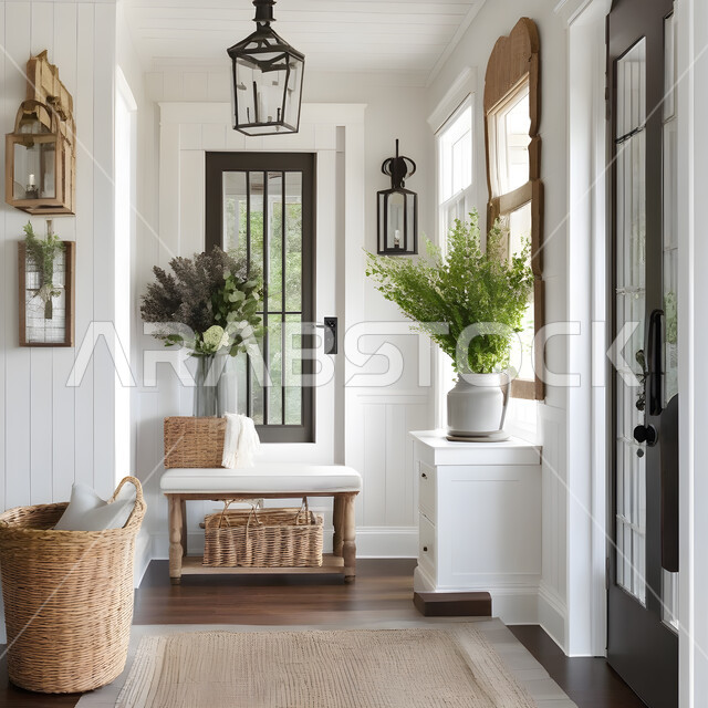 ديكورات داخلية مميزة و متطورة ،تحف و أكسسوارات عصرية مع نباتات الزينة ،الشقق والفلل السكنية في السعودية ،مدخل منزل بأثاث حديث باللون الابيض ،فنادق ومنتجعات فاخره