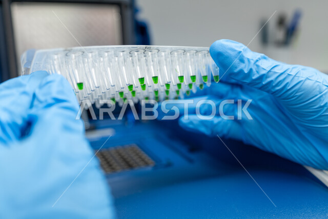 اجهزة وتقنيات حديثة ومتطورة، تطور وتقدم القطاع الطبي بالتكنولوجيا الجديدة، صورة مقربة ليد طبيب مخبري يقوم بتنظيم أنابيب الاختبار لاجراء الاختبار