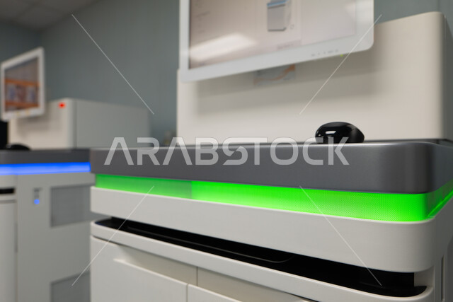 معامل ومختبرات طبيه حديثه، صورة مقربة لجهاز إلومينا نوفاسيك المخصص لإجراء التسلسل لمكتبات الحمض النووي، فحوصات التشخيص المجهري، مراجعة بيانات المرضى