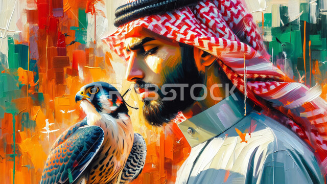 مهارة ترويض وتدريب الصقور, الفخر بالتراث السعودي العريق في تربية الطيور الجارحة المفترسة, رجل عربي خليجي سعودي يرتدي الشماغ و الثوب التقليدي يمسك طائر الصقر, انتقال إرث الأجداد عبر الأجيال، خلفية ملونة