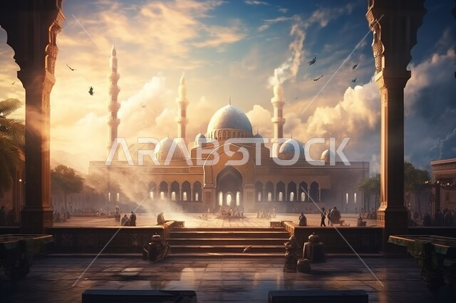 القبب و المآذن على الطراز الإسلامي العصري الحديث، دعوة المسلمين إلى الصلاه وأداء الفرائض الدينية, الفن الهندسي المعماري لمسجد وقت غروب الشمس، العباده والتقرب إلى الله، أماكن اسلامية مقدسة، منظر السماء المليئة بالغيوم البيضاء