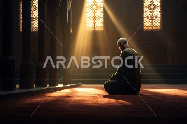 ليالي شهر رمضان المبارك، رجل عربي خليجي سعودي يرتدي الزي التقليدي والقبعه البيضاء يجلس داخل المسجد، تجسيد جوهر الإسلام والعبادة والتقرب إلى الله بالعمل الصالح، دخول أشعه الشمس الى الأماكن الاسلامية، الدعاء والتضرع الى الله تعالى