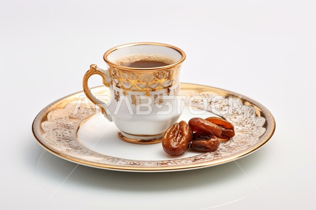 فنجان قهوة ابيض اللون مع زخارف ذهبية، تناول المشروبات الساخنه مع حبات التمر الطازجة، منتجات محلية وطنية، مفهوم اكرام الضيف و حسن الاستقبال، خلفية بيضاء