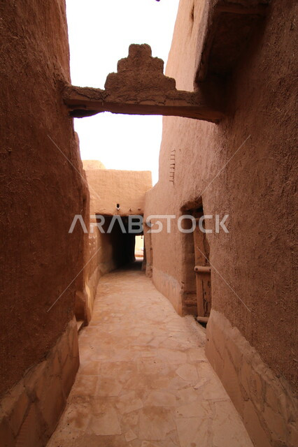 Facilities, buildings, and traditional mud houses, alleys and neighborhoods in the heritage village of Ushaiqar in the Kingdom of Saudi Arabia, famous tourist attractions, tourist attractions from all over the world, ancient historical monuments in Shaqra Governorate in the city of Riyadh.