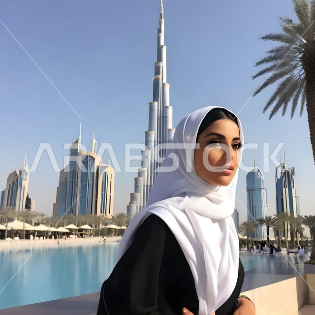 Architectural engineering in the modern and advanced style of building buildings and skyscrapers in Dubai, interest in planting green trees in cities, a picture from the side of a veiled Arab Gulf Emirati woman looking at something, interest in elegance and external appearance