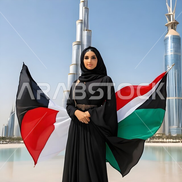 The economic renaissance and urban development in the country, the celebration of the UAE National Day on December 2, an Arab Gulf Emirati woman standing next to the flag of the United Arab Emirates, gestures of pride and pride in the nation’s achievements, the architectural engineering art of skyscrapers and towers in Dubai
