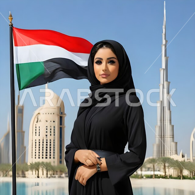سارية علم دولة الإمارات العربية المتحدة يرفرف في السماء، الفن الهندسي المعماري لناطحات السحاب والأبراج في إمارة دبي, معالم سياحية وتجارية مشهورة, إمرأة عربية إماراتية خليجية ترتدي العباءة السوداء تنظر إلى الكاميرا،  الإحتفال باليوم الوطني الاماراتي 2 ديسمبر