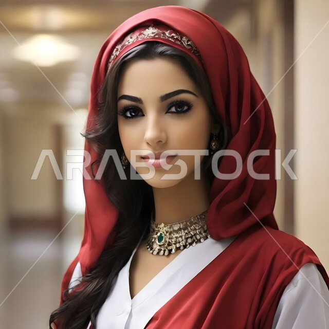 إبراز الجمال الخليجي, مفهوم النعومة والأنوثة والاهتمام بالمظهر الخارجي، أزياء عصرية راقية، صورة مقربة لإمرأة عربية سعودية خليجية تضع على رأسها غطاء الرأس الأحمر تنظر إلى الكاميرا بايماءات الثقة بالنفس، أناقة النساء السعوديات