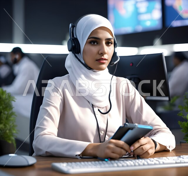 إجراء المكالمات والرد على العملاء، صورة مقربة لموظفة عربية سعودية محجبة تعمل  ضمن مقر الشركة بإيماءات التركيز والتمعن، استخدام الوسائل التقنية الحديثة والمتطورة، إدارة شؤون الأعمال وتنظيمها, التفكير في استراتيجيات وأهداف العمل
