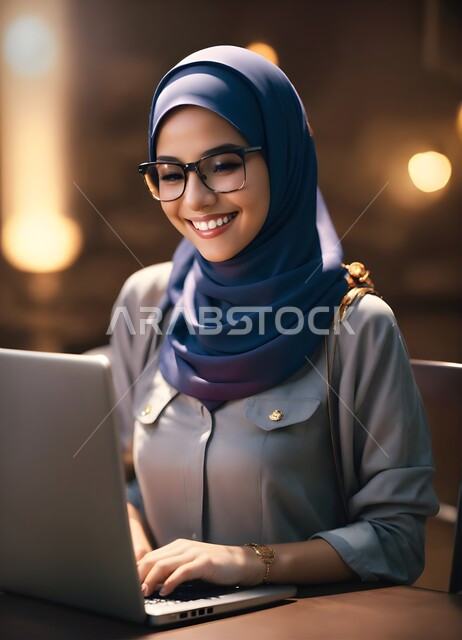 Professions and office jobs for women, using modern and advanced technical means to accomplish tasks, managing and organizing work within the company’s headquarters, a close-up photo of a smiling, veiled Saudi Arabian Gulf woman working on the laptop with gestures of pleasure and enthusiasm, a comfortable work environment in Saudi companies