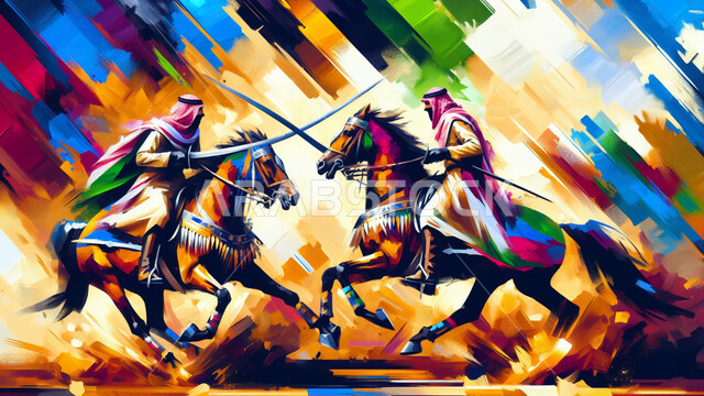 رسومات فنية بألوان الأكريليك، رمز الفروسية والشجاعة, شغف وحب الخيول في المملكة العربية السعودية، رجلان عربيان خليجيان سعوديان يرتديان الثوب التقليدي والشماغ يمتطيان الخيول العربية الأصيلة يحملان بأيديهم السيوف, توارث ومفهوم تربية الجياد