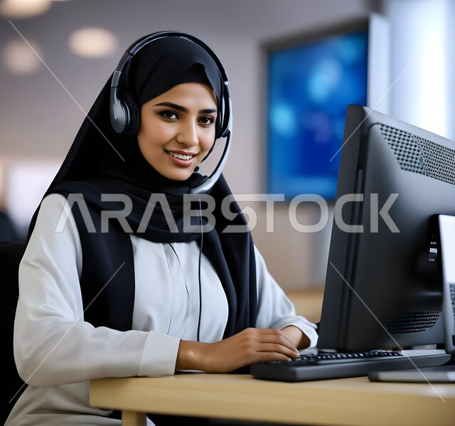 مهن ووظائف نسائية, متابعة وتطوير الأعمال  الإجابة على استفسارات العملاء, صورة مقربة لموظفة عربية خليجية سعودية مبتسمة ترتدي الحجاب تضع سماعة الاتصال, العمل في المجال المكتبي, عقد اجتماع عمل عبر الانترنت