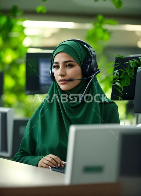 مهن ووظائف نسائية, متابعة وتطوير الأعمال  الإجابة على استفسارات العملاء, صورة مقربة لموظفة عربية خليجية سعودية ترتدي الحجاب الأخضر تضع سماعة الاتصال, العمل في المجال المكتبي, عقد اجتماع عمل عبر الانترنت