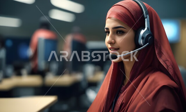 الإجابة والرد على استفسارات العملاء, صورة مقربة لموظفة عربية خليجية سعودية ترتدي الحجاب الملون تضع سماعة الاتصال, العمل في المجال المكتبي, عقد اجتماع عمل عبر الانترنت, مهن ووظائف نسائية, متابعة وتطوير الأعمال
