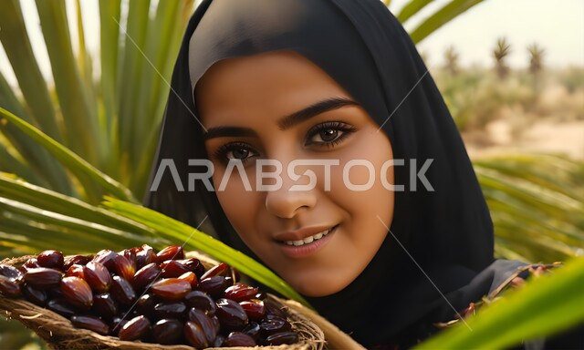 أشجار النخيل المثمرة في الأراضي والحقول  الزراعية، موسم حصاد التمور في المملكة العربية السعودية، منتجات ومحاصيل وطنية محلية، صورة مقربة لإمرأة عربية خليجية سعودية ترتدي الحجاب تمسك بيدها سلة من حبات الرطب