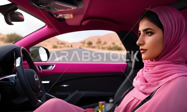  مفهوم الاستقلال والاعتماد على الذات, صورة مقربة لإمرأة عربية خليجية سعودية ترتدي الحجاب والعباءة الوردية تقوم بقيادة سيارتها، حرية القيادة للسيدة العربية، اعتماد الأنثى على نفسها في التنقل و المواصلات، اتباع قوانين الحركة المرورية