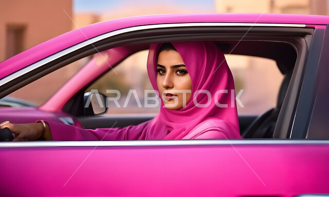 The concept of independence and self-reliance, a close-up of a Saudi Gulf Arab woman wearing the hijab and pink abaya driving her car, freedom to drive for Arab women, female self-reliance in transportation and movement, following traffic laws