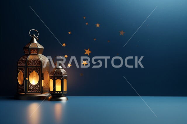 إضاءة وزينة شهر رمضان المبارك، فوانيس عربية معدنية مزخرفة مضيئة، ديكورات وأنوار في الأجواء الرمضانية الروحانية، اكسسوارات وتحف إسلامية للاحتفال بقدوم شهر الخير، خلفية زرقاء