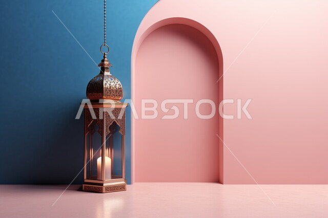 مفهوم الاحتفال الإسلامي بشهر رمضان الكريم، ديكورات وأنوار في الأجواء الرمضانية الروحانية، مصباح معدني بتصاميم ابداعية، إضاءة وزينة شهر الخير، فانوس عربي تقليدي مزخرف مضيء