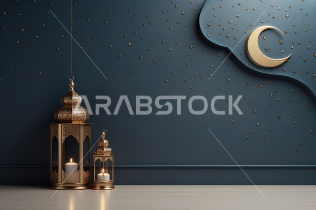  فوانيس مزخرفة مضيئة  وتحف اسلامية استعداد لقدوم شهر الخير، مصباح معدني بتصاميم ابداعية، مفهوم الاحتفال الإسلامي بشهر رمضان الكريم، ديكورات وأنوار في الأجواء الرمضانية الروحانية،  خلفية رمادي