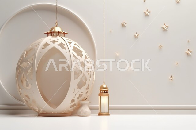 اكسسوارات وتحف إسلامية للاحتفال بقدوم شهر الخير، ديكورات وأنوار في الأجواء الرمضانية الروحانية، زينة المناسبات الدينية، مصباح معدني بتصاميم ابداعية، خلفية رمضانية بيضاء
